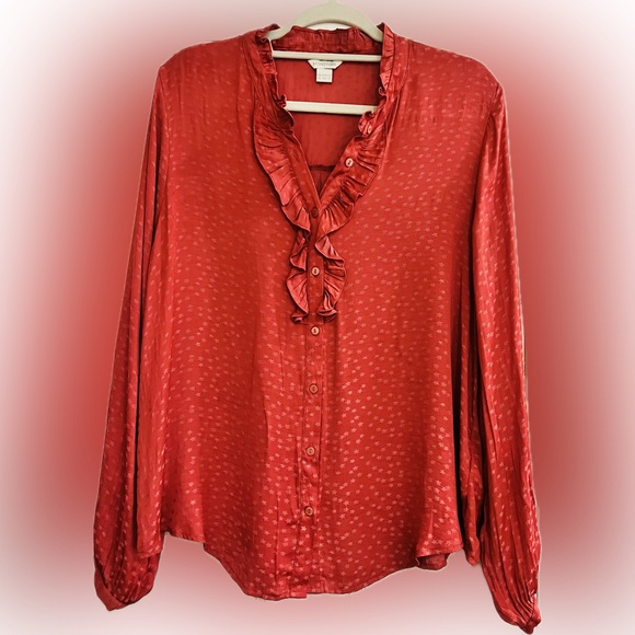 Monsoon Red Ruffled Long Sleeve Silk Blouse - Picture 1 of 3